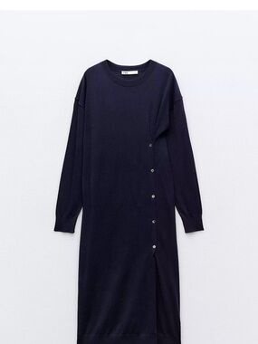 Zara Dark Navy Long-Sleeve Button-Trim Knit Dress